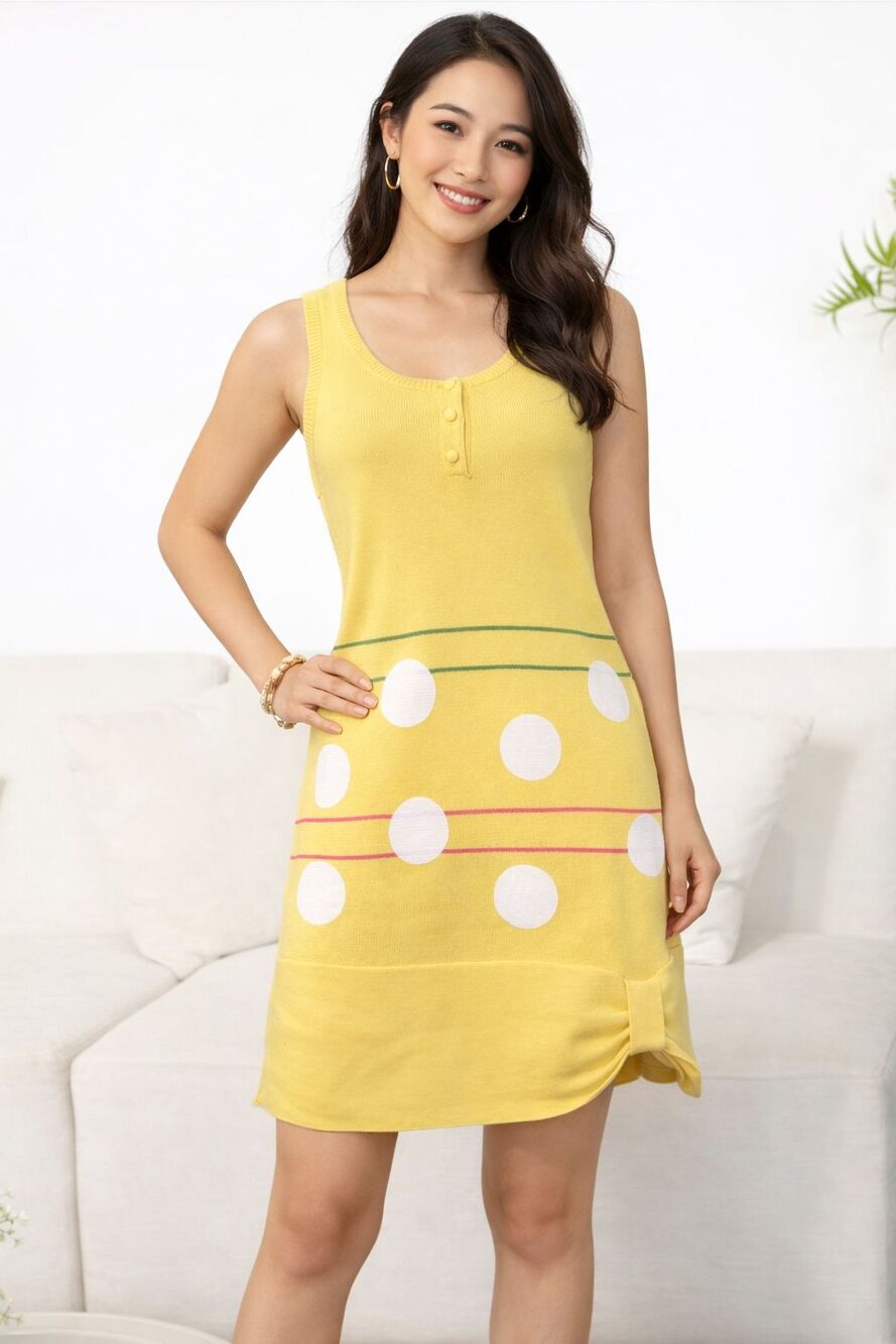 K-2 Y2K Polka Dot Knit Tank Mini Dress Yellow Drop Waist Bow Retro Coquette M